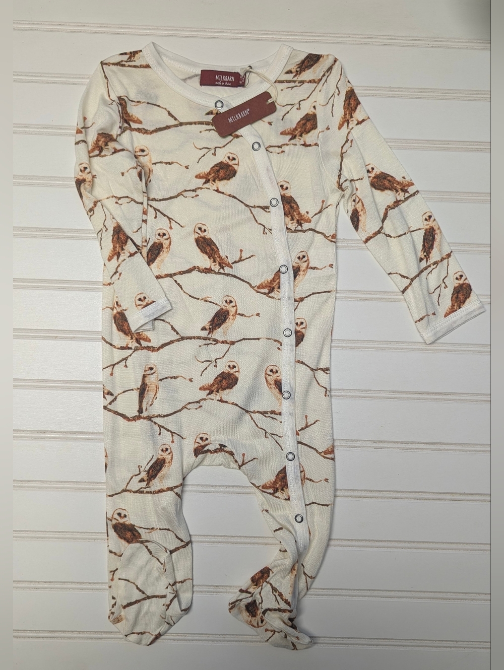 Milkbarn Bamboo Baby Owl Print Footed One-Piece - Cream/Brown